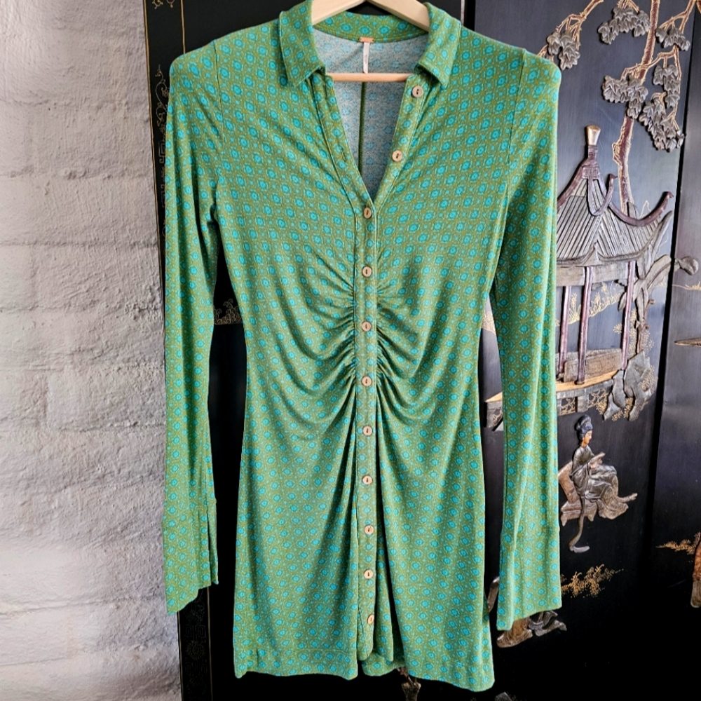 Free People Shayla Mini Button-front Dress Sz S Long Sleeve Green Blue NWOT